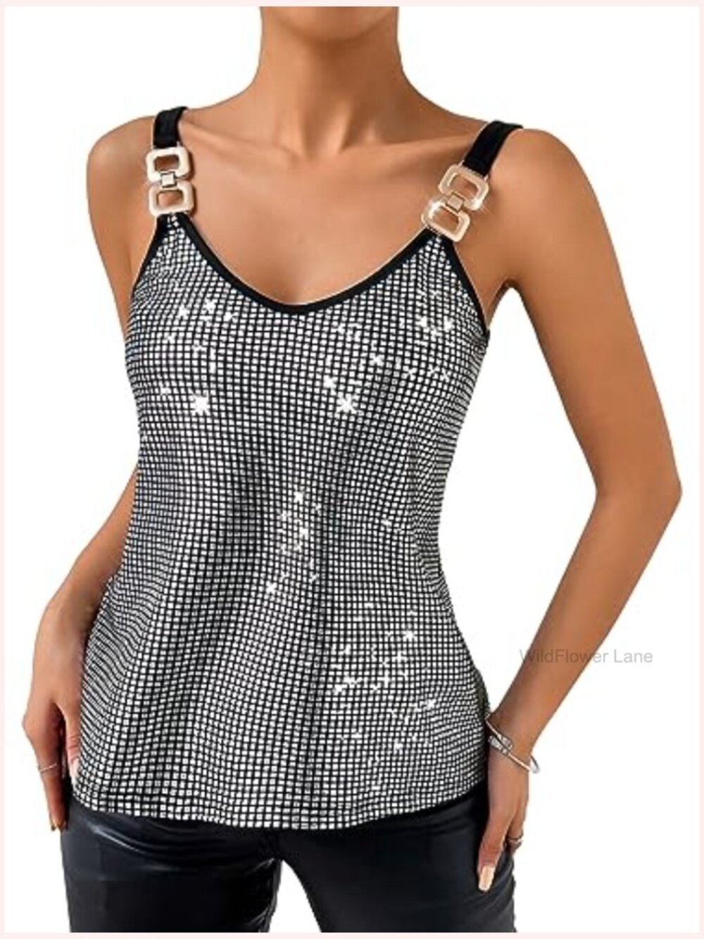 Sparkly V-Neck Cami Top Sleeveless Sequin Tank Party Club - Picture 3 of 7